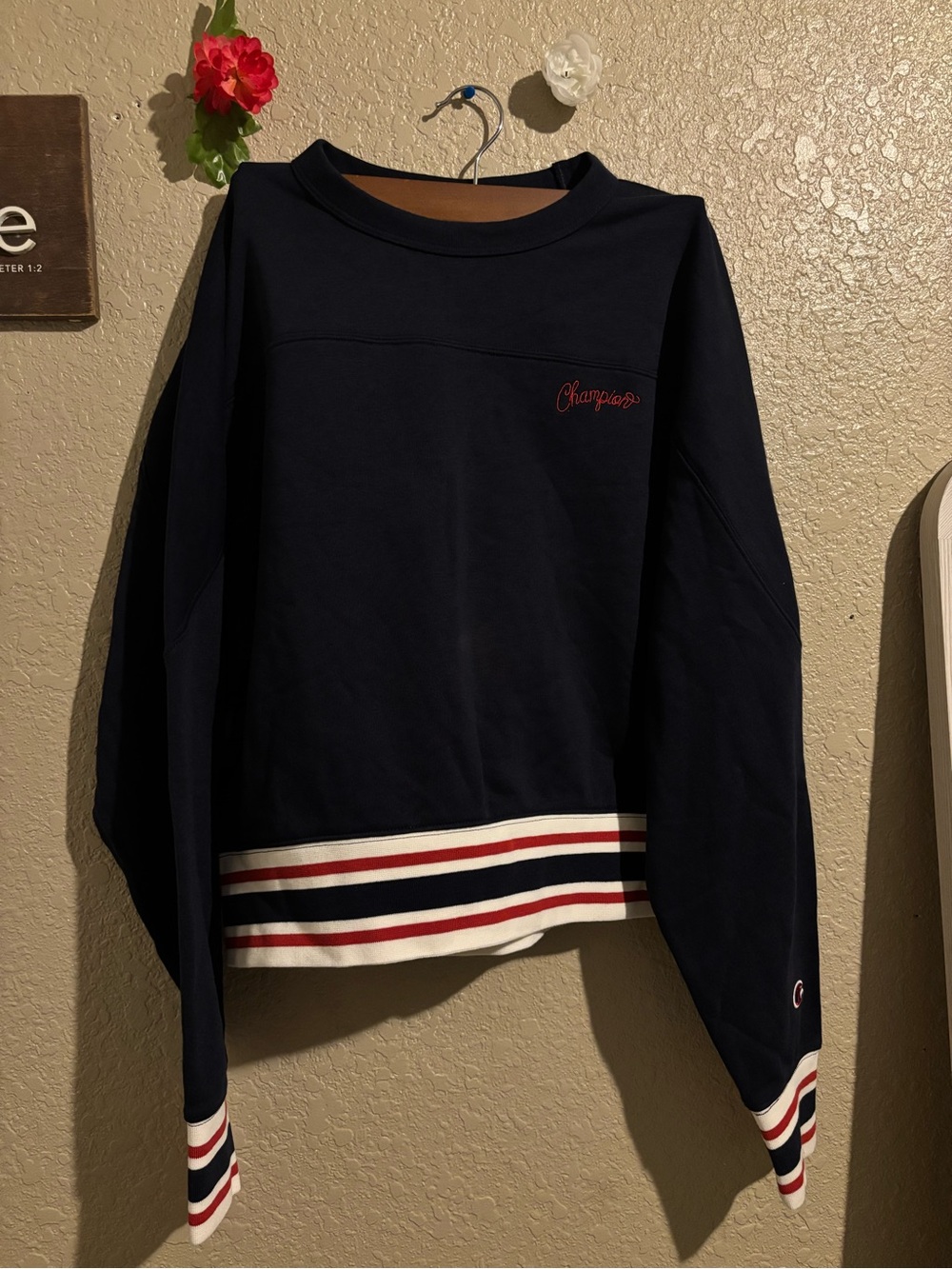 Navy Champion Stripe Hem Crewneck Sweatshirt